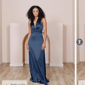 Blue satin brides maid dress by Revelry